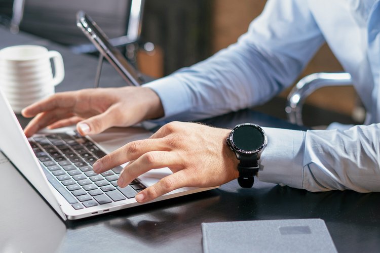 Immobilienrechner im Beratungsgespräch Berater arbeitet während eines Immobilien-Beratungsgesprächs am Laptop